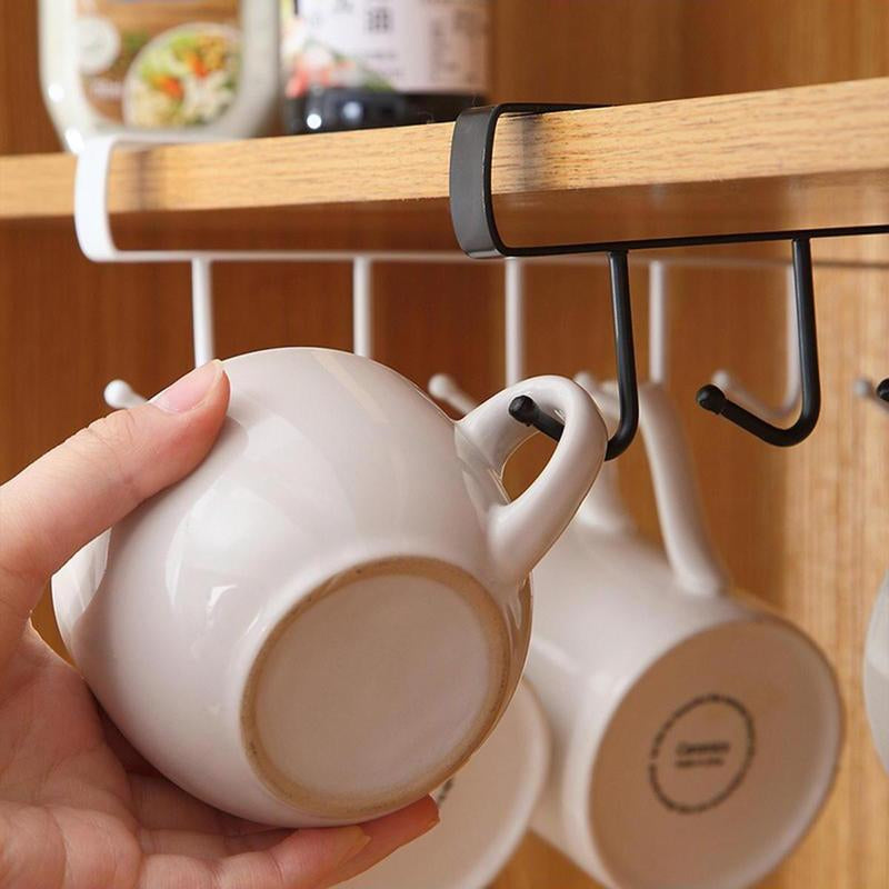 (Without Screws) Cup Hook Shelf, 1 Count Multifunctional under Cabinet 6 Hooks Cup Storage Rack, Home Organizer for Kitchen Bathroom Bedroom