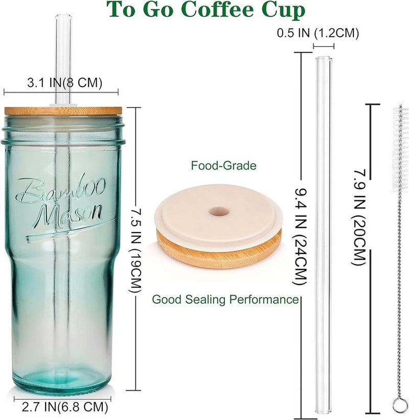ANOTION 24Oz Colored Glass Cups with Bamboo Lids and Straws - Travel Coffee Mug Wide Mouth Mason Jar Iced Coffee Cup Smoothie Cup Glass Tumbler Cute Cups Drinking Glasses