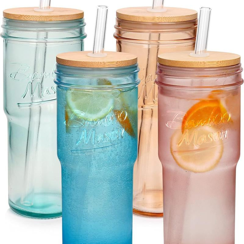 ANOTION 24Oz Colored Glass Cups with Bamboo Lids and Straws - Travel Coffee Mug Wide Mouth Mason Jar Iced Coffee Cup Smoothie Cup Glass Tumbler Cute Cups Drinking Glasses