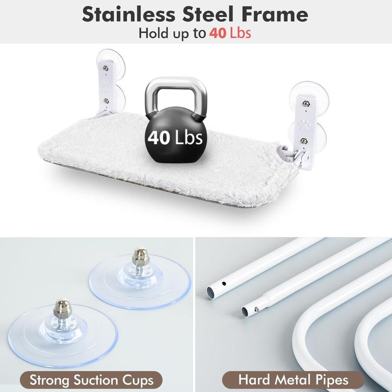 Anchor&Screw Cordless Cat Window Perch with 4 Suction Cups, Solid Metal Frame, Reversible Cover, Foldable Cat Beds for Indoor Cats