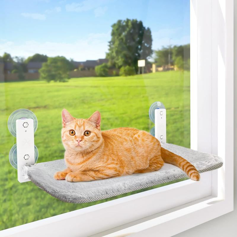 Anchor&Screw Cordless Cat Window Perch with 4 Suction Cups, Solid Metal Frame, Reversible Cover, Foldable Cat Beds for Indoor Cats