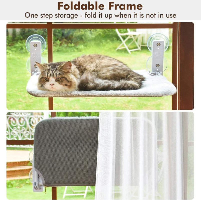 Anchor&Screw Cordless Cat Window Perch with 4 Suction Cups, Solid Metal Frame, Reversible Cover, Foldable Cat Beds for Indoor Cats