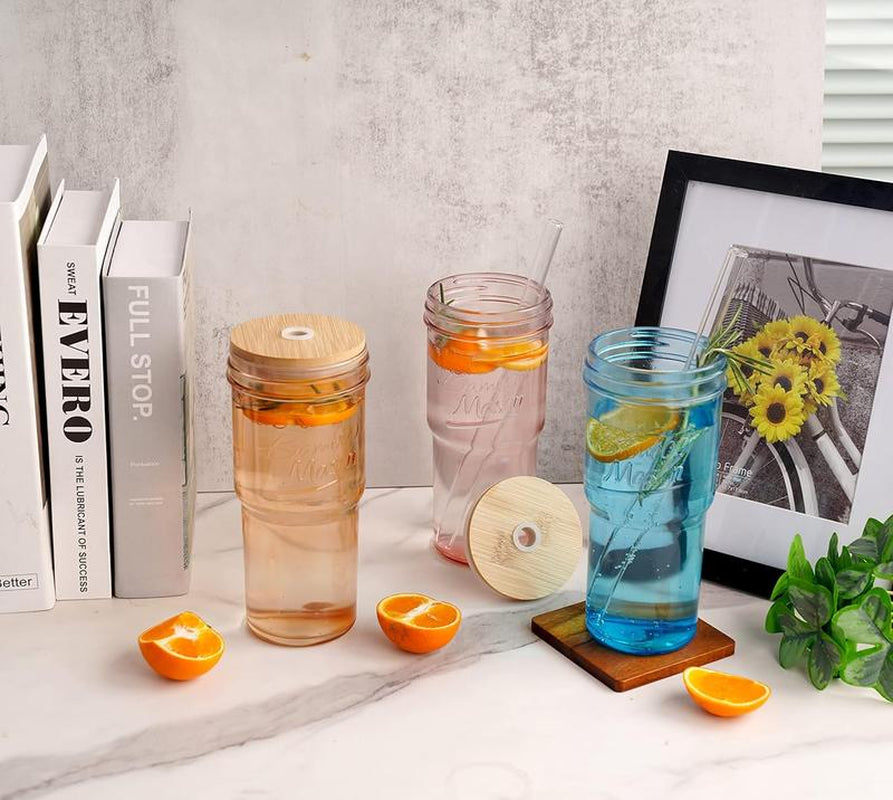 ANOTION 24Oz Colored Glass Cups with Bamboo Lids and Straws - Travel Coffee Mug Wide Mouth Mason Jar Iced Coffee Cup Smoothie Cup Glass Tumbler Cute Cups Drinking Glasses