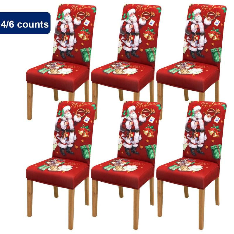 Christmas Themed Chair Cover, 4/6 Counts Cartoon Pattern Chair Slipcover, Elastic Chair Protector for Home Dining Room Hotel Office