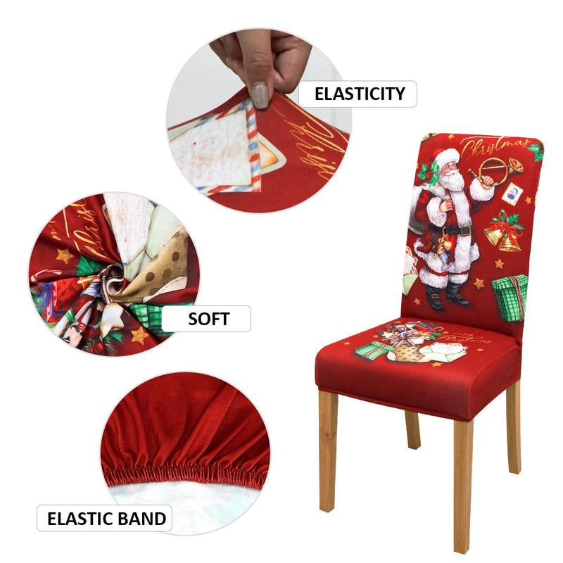 Christmas Themed Chair Cover, 4/6 Counts Cartoon Pattern Chair Slipcover, Elastic Chair Protector for Home Dining Room Hotel Office