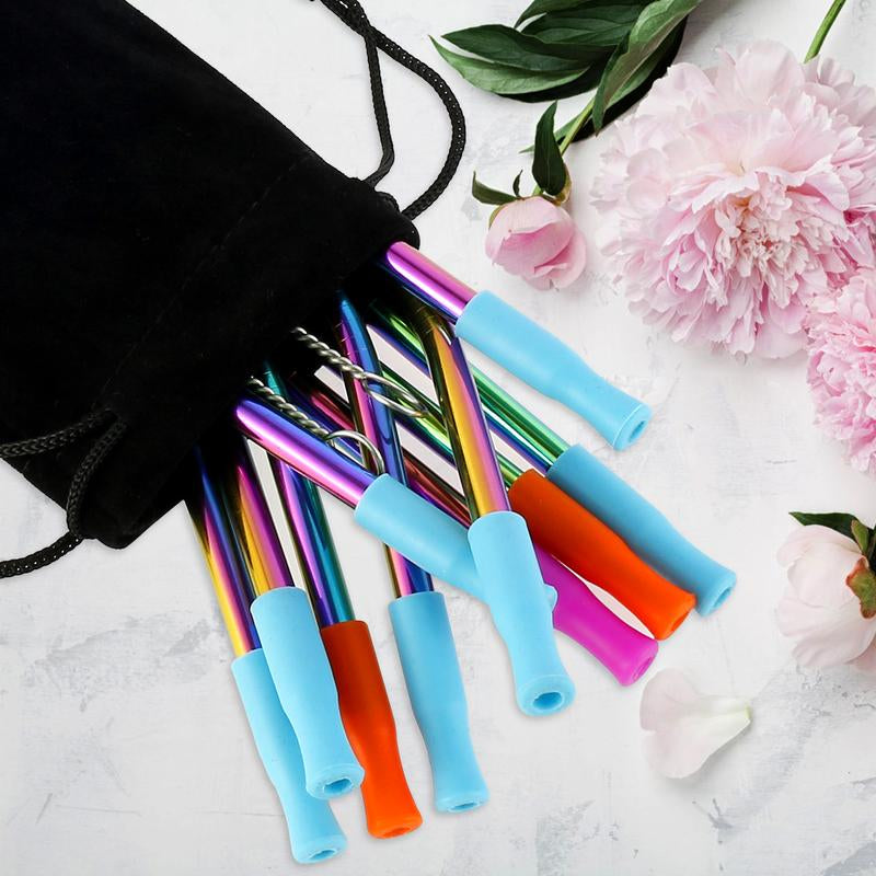 Drinkware 10 Counts Stainless Steel Straws Reusable Drinking Straws Colorful Curved Straight Straws with Cleaning Brush Storage Bag and 10 Silicone Tips Metal Straws Fit for 16 and 20 Oz Tumbler Cups