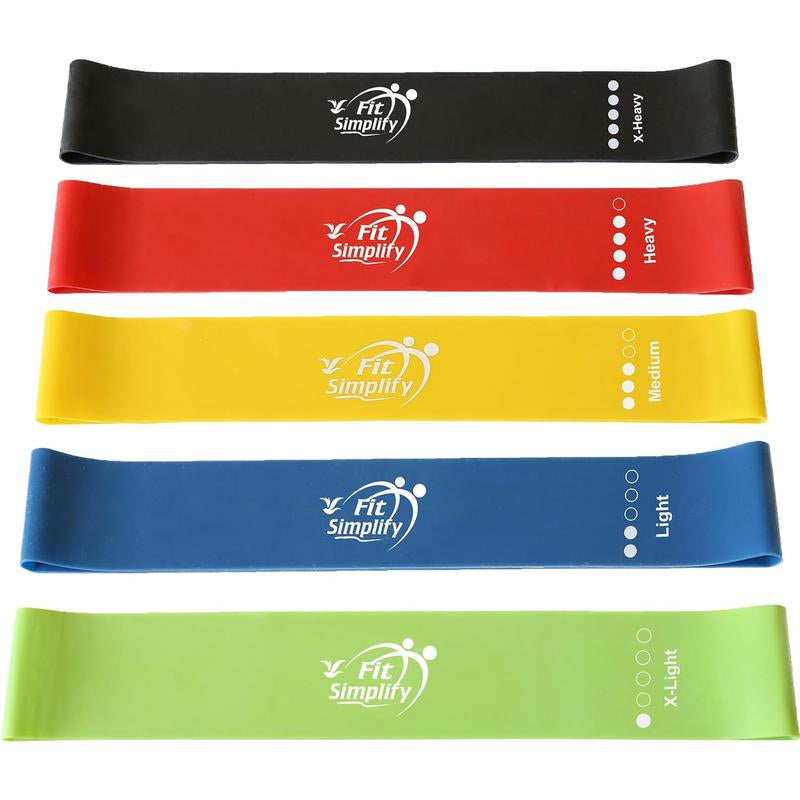 Fit Simplify Resistance Loop Exercise Bands Set of 5 with Instruction Guide & Carry Bag, Color-Coded for Various Uses, Lightweight and Durable