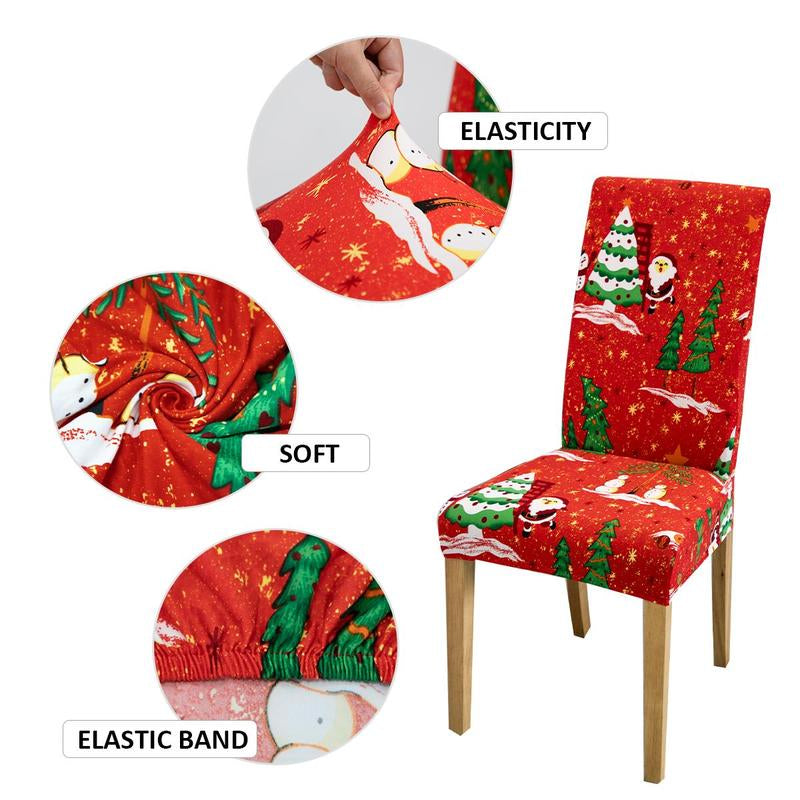 Christmas Themed Chair Cover, 4/6 Counts Cartoon Pattern Chair Slipcover, Elastic Chair Protector for Home Dining Room Hotel Office