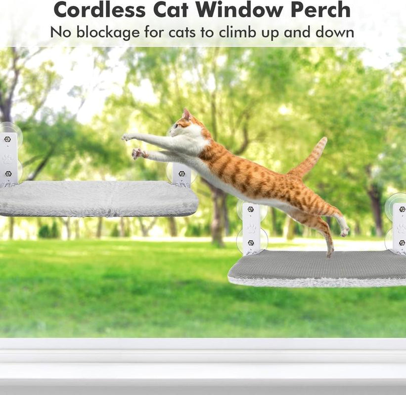Anchor&Screw Cordless Cat Window Perch with 4 Suction Cups, Solid Metal Frame, Reversible Cover, Foldable Cat Beds for Indoor Cats