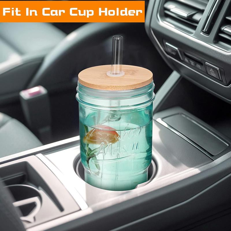 ANOTION 24Oz Colored Glass Cups with Bamboo Lids and Straws - Travel Coffee Mug Wide Mouth Mason Jar Iced Coffee Cup Smoothie Cup Glass Tumbler Cute Cups Drinking Glasses