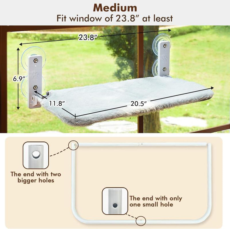 Anchor&Screw Cordless Cat Window Perch with 4 Suction Cups, Solid Metal Frame, Reversible Cover, Foldable Cat Beds for Indoor Cats