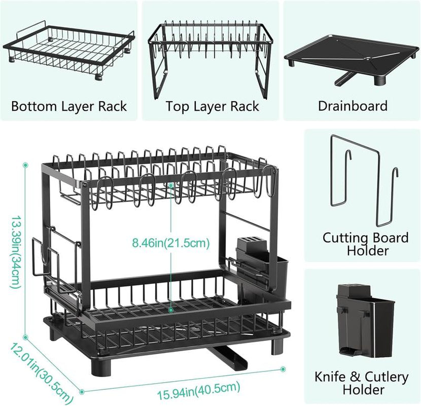 2-Tier Dish Drying Rack, Dish Drying Organiser with Drainboard,Detachable Dish Drainer Organizer, ,Kitchen Cutlery Room Organizer,