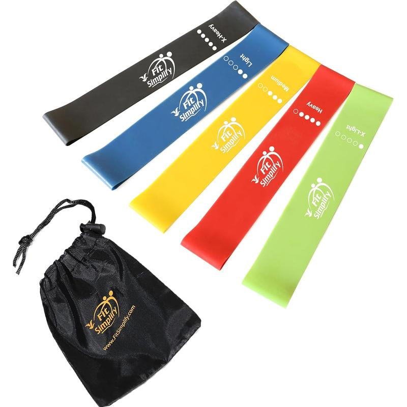 Fit Simplify Resistance Loop Exercise Bands Set of 5 with Instruction Guide & Carry Bag, Color-Coded for Various Uses, Lightweight and Durable