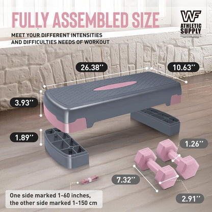 Tone Fitness Adjustable Height Aerobic Stepper Set with 2 Dumbbells & Measuring Tape, Workout Exercise Step Platform W/Level Risers, 3 Colors, the Ultimate Gift for a Joyful Holiday and Merry Christmas