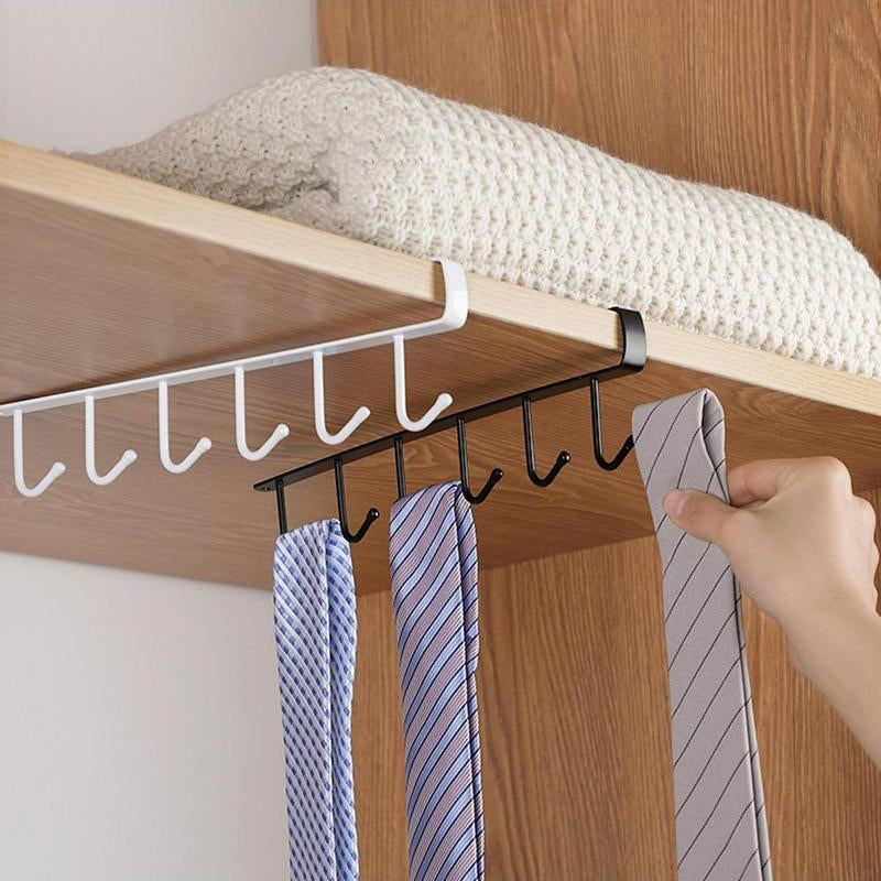 (Without Screws) Cup Hook Shelf, 1 Count Multifunctional under Cabinet 6 Hooks Cup Storage Rack, Home Organizer for Kitchen Bathroom Bedroom
