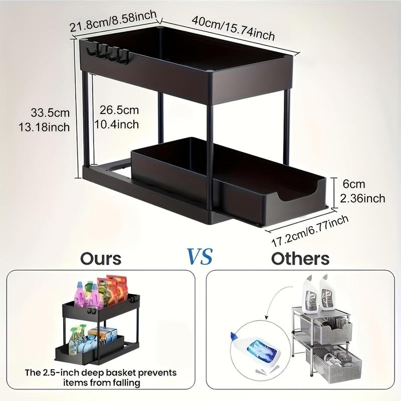 2-Tier Sliding Cabinet Basket Storage Box with Hook, 1 Count Plastic Storage under Bathroom/Kitchen Sink, Space Saving Storage Box, Modern Storage Rack, Men Gifts