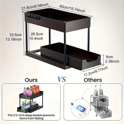2-Tier Sliding Cabinet Basket Storage Box with Hook, 1 Count Plastic Storage under Bathroom/Kitchen Sink, Space Saving Storage Box, Modern Storage Rack, Men Gifts