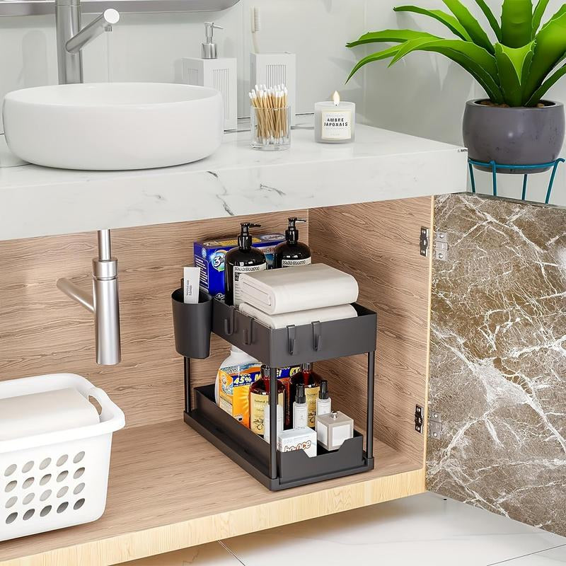 2-Tier Sliding Cabinet Basket Storage Box with Hook, 1 Count Plastic Storage under Bathroom/Kitchen Sink, Space Saving Storage Box, Modern Storage Rack, Men Gifts