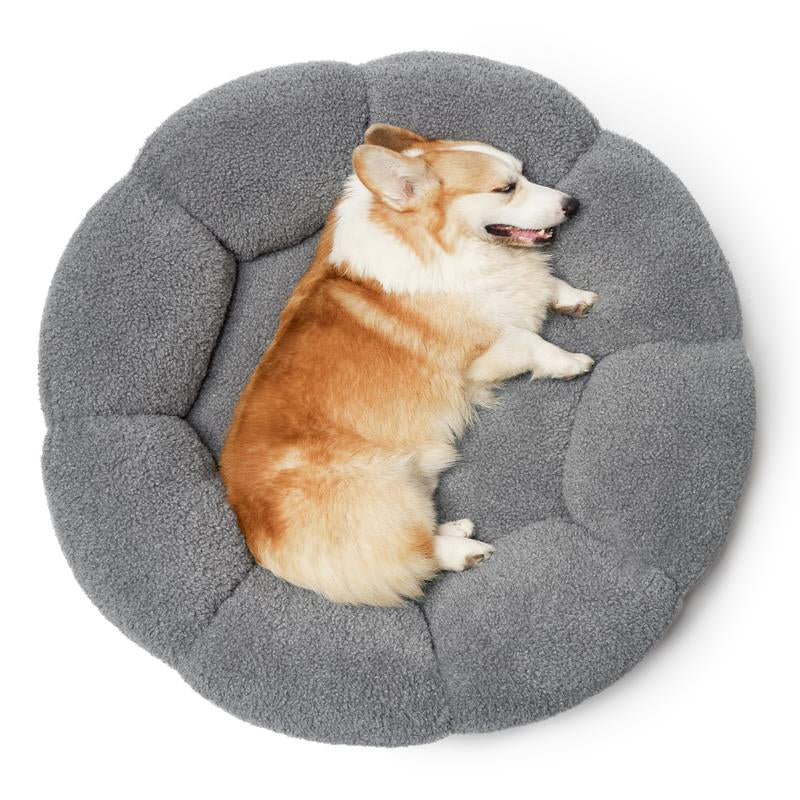 Lesure Calming Flower Bed - Flower Donut round Fluffy Puppy Bed in Plush Teddy Sherpa, Non-Slip Cute Flower Beds for Indoor, Machine Washable