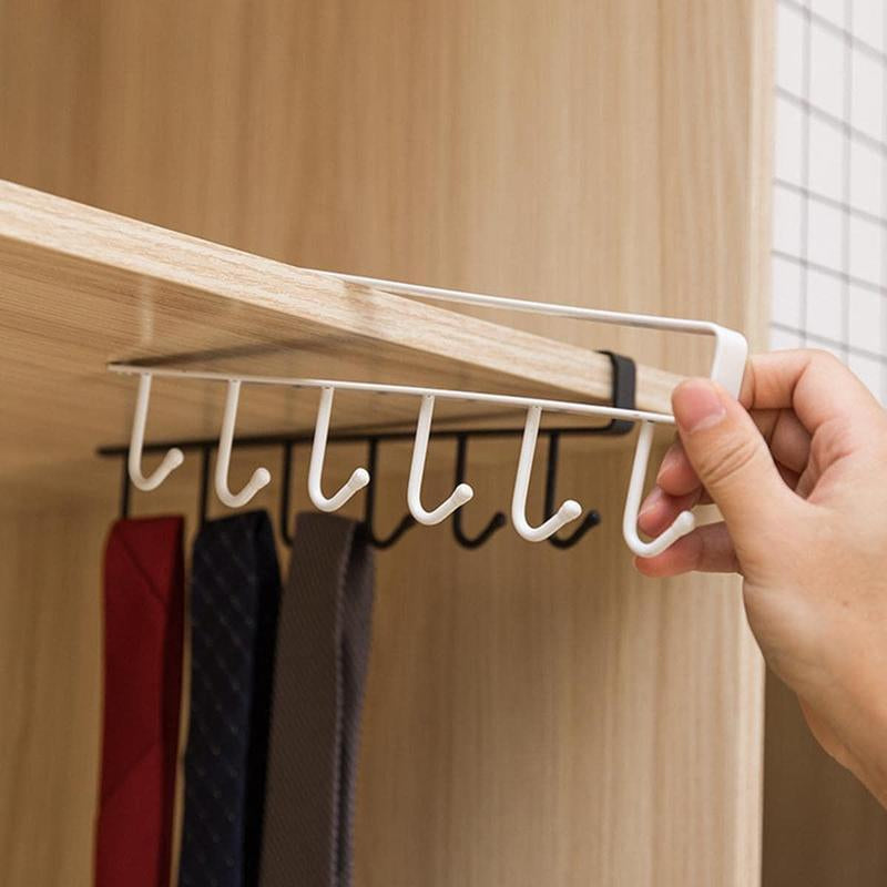 (Without Screws) Cup Hook Shelf, 1 Count Multifunctional under Cabinet 6 Hooks Cup Storage Rack, Home Organizer for Kitchen Bathroom Bedroom