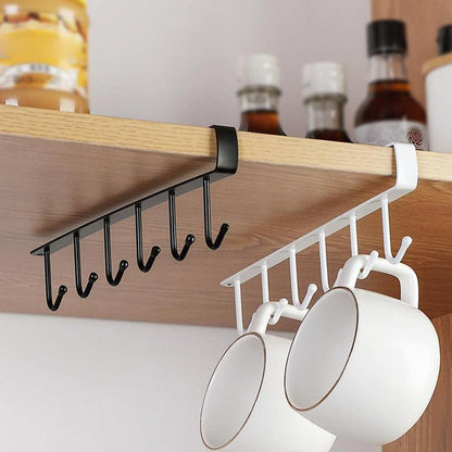 (Without Screws) Cup Hook Shelf, 1 Count Multifunctional under Cabinet 6 Hooks Cup Storage Rack, Home Organizer for Kitchen Bathroom Bedroom