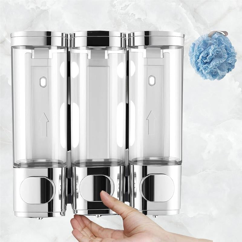 Electroplated Silver Shampoo & Conditioner Dispenser - 3 Chamber No-Drill Wall-Mounted Shower Dispenser for Bathroom, Hotel, and Kitchen - Transparent