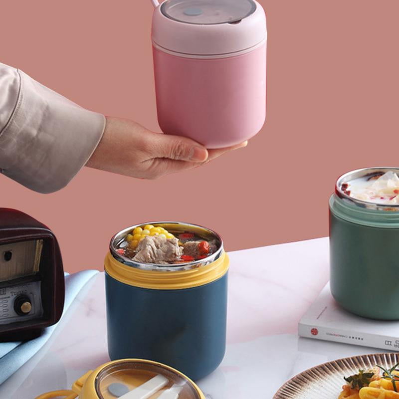 Breakfast Cup Overnight Oats Container 304 Stainless Steel Thermal(1~2 Hours) Wide Mouth Food Jar with Foldable Spoon Portable Meal Thermoses with Silicone Handle for School Office Work