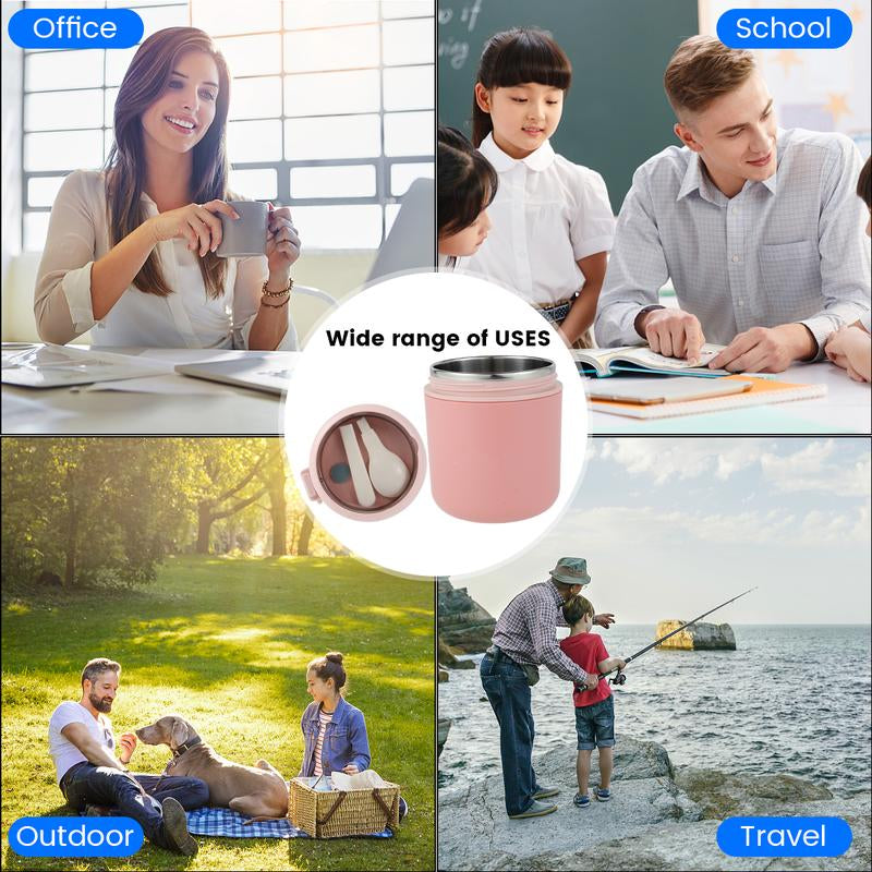 Breakfast Cup Overnight Oats Container 304 Stainless Steel Thermal(1~2 Hours) Wide Mouth Food Jar with Foldable Spoon Portable Meal Thermoses with Silicone Handle for School Office Work