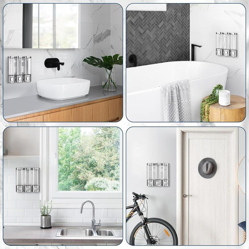Electroplated Silver Shampoo & Conditioner Dispenser - 3 Chamber No-Drill Wall-Mounted Shower Dispenser for Bathroom, Hotel, and Kitchen - Transparent