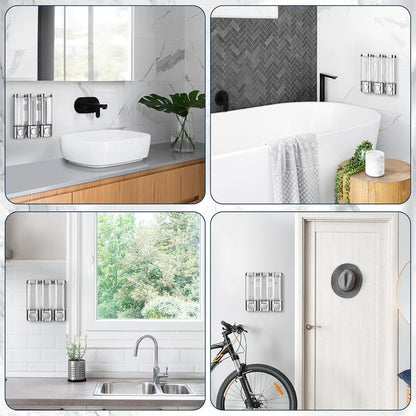 Electroplated Silver Shampoo & Conditioner Dispenser - 3 Chamber No-Drill Wall-Mounted Shower Dispenser for Bathroom, Hotel, and Kitchen - Transparent