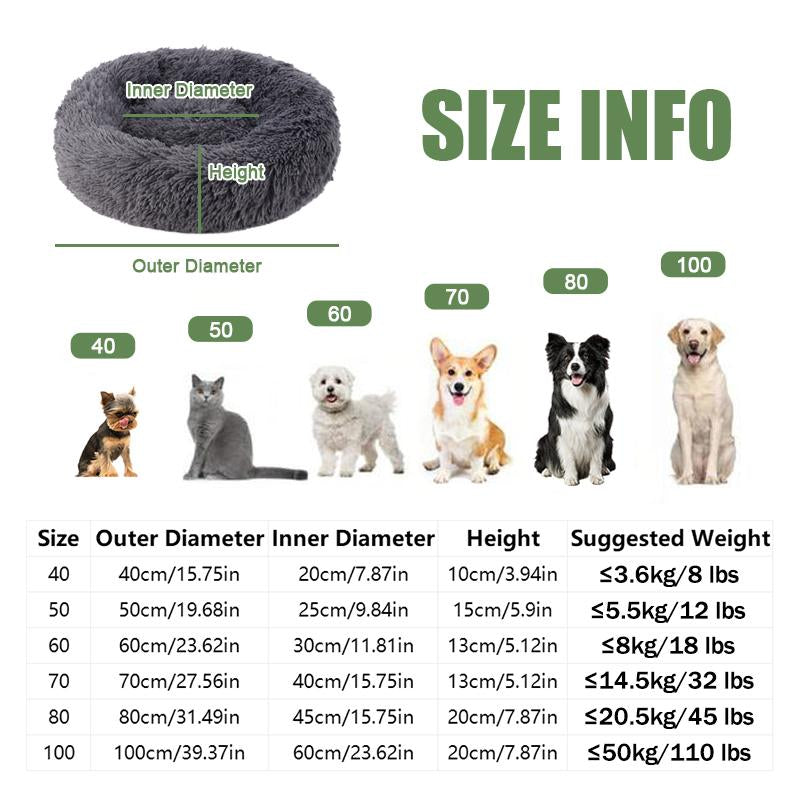 Calming Donut Bed for Dog and Cat，Super Soft Plush Pet Cat Beds, Cute Fluffy round Pet Bed ,Pet Supplies,Non-Slip Washable 15.75In -39.37In