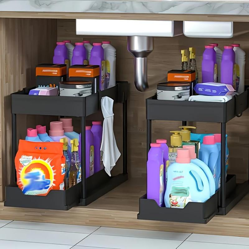 2-Tier Sliding Cabinet Basket Storage Box with Hook, 1 Count Plastic Storage under Bathroom/Kitchen Sink, Space Saving Storage Box, Modern Storage Rack, Men Gifts