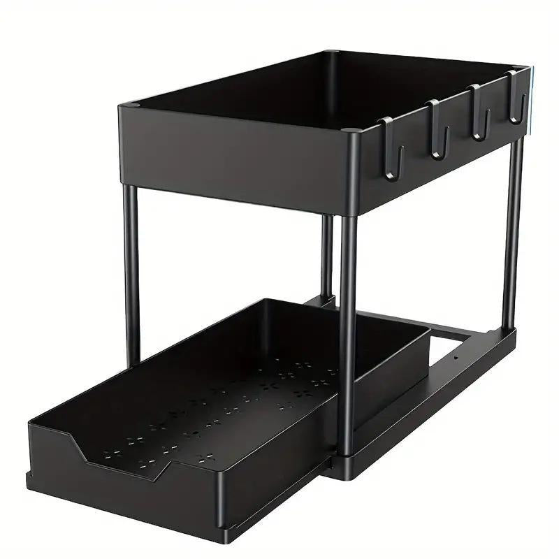 2-Tier Sliding Cabinet Basket Storage Box with Hook, 1 Count Plastic Storage under Bathroom/Kitchen Sink, Space Saving Storage Box, Modern Storage Rack, Men Gifts