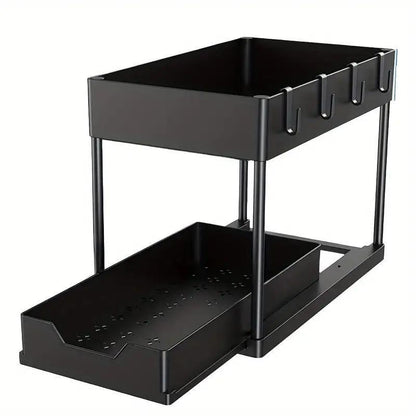 2-Tier Sliding Cabinet Basket Storage Box with Hook, 1 Count Plastic Storage under Bathroom/Kitchen Sink, Space Saving Storage Box, Modern Storage Rack, Men Gifts