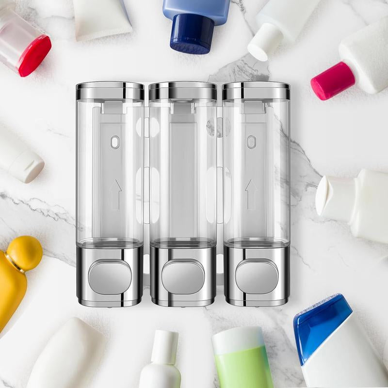 Electroplated Silver Shampoo & Conditioner Dispenser - 3 Chamber No-Drill Wall-Mounted Shower Dispenser for Bathroom, Hotel, and Kitchen - Transparent