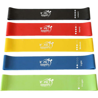 Fit Simplify Resistance Loop Exercise Bands Set of 5 with Instruction Guide & Carry Bag, Color-Coded for Various Uses, Lightweight and Durable