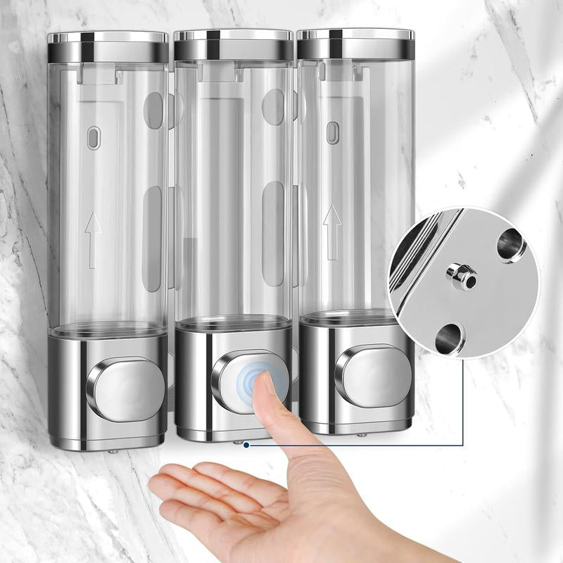 Electroplated Silver Shampoo & Conditioner Dispenser - 3 Chamber No-Drill Wall-Mounted Shower Dispenser for Bathroom, Hotel, and Kitchen - Transparent
