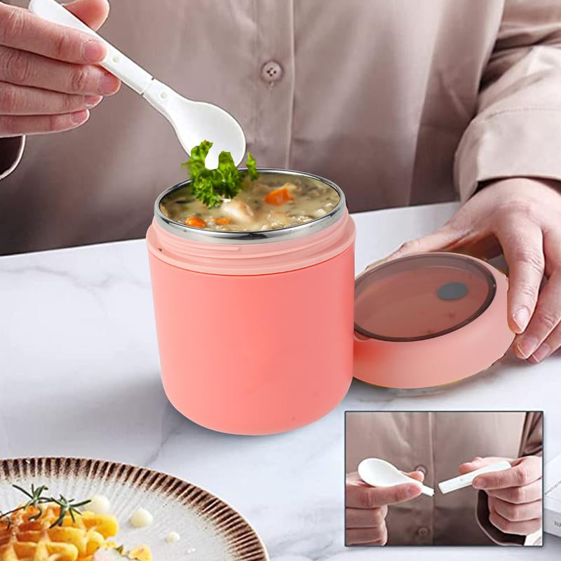Breakfast Cup Overnight Oats Container 304 Stainless Steel Thermal(1~2 Hours) Wide Mouth Food Jar with Foldable Spoon Portable Meal Thermoses with Silicone Handle for School Office Work
