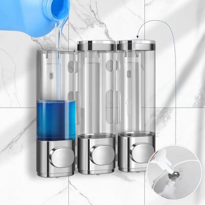 Electroplated Silver Shampoo & Conditioner Dispenser - 3 Chamber No-Drill Wall-Mounted Shower Dispenser for Bathroom, Hotel, and Kitchen - Transparent