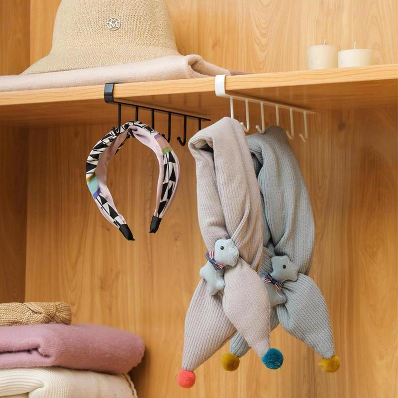 (Without Screws) Cup Hook Shelf, 1 Count Multifunctional under Cabinet 6 Hooks Cup Storage Rack, Home Organizer for Kitchen Bathroom Bedroom
