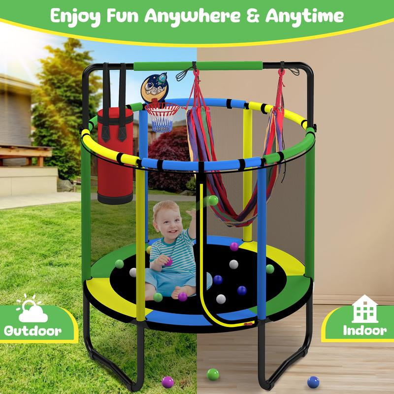 SEGMART Mini round Trampoline for Kids with Basketball Hoop, 55'' Indoor Outdoor Toddler Trampoline with Enclosure Net, Swing, Sandbag, Ring, Ocean Balls, Small Trampoline Gift for Boys Girls