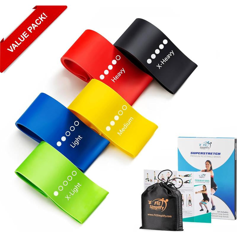 Fit Simplify Resistance Loop Exercise Bands Set of 5 with Instruction Guide & Carry Bag, Color-Coded for Various Uses, Lightweight and Durable