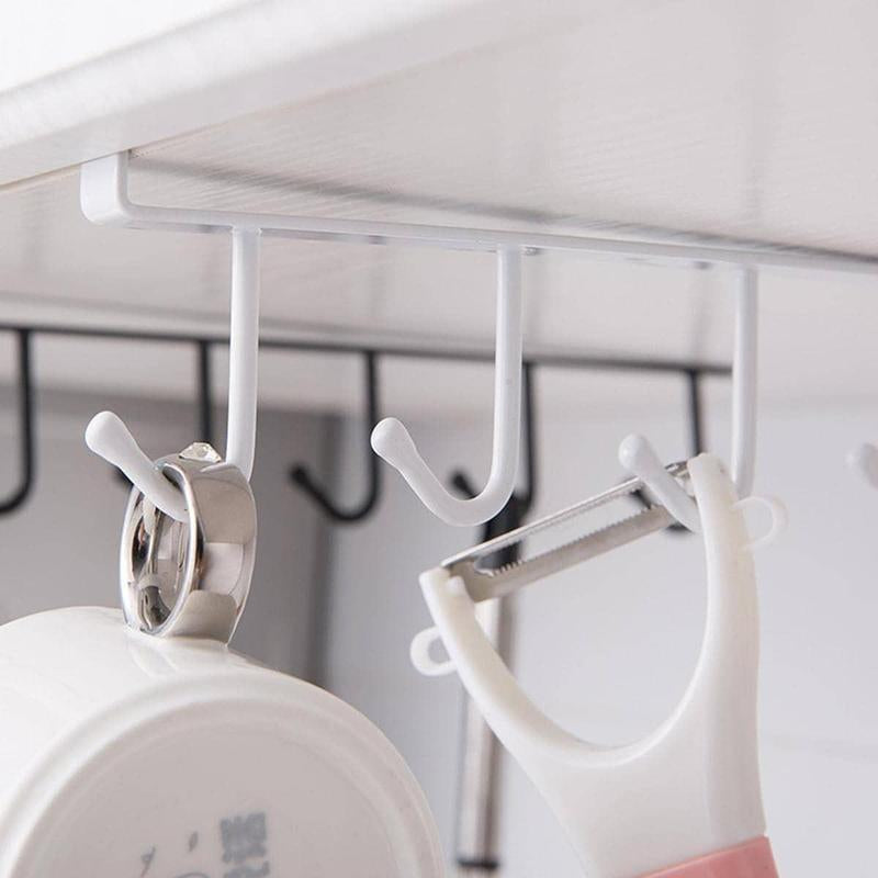 (Without Screws) Cup Hook Shelf, 1 Count Multifunctional under Cabinet 6 Hooks Cup Storage Rack, Home Organizer for Kitchen Bathroom Bedroom
