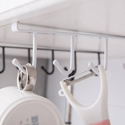 (Without Screws) Cup Hook Shelf, 1 Count Multifunctional under Cabinet 6 Hooks Cup Storage Rack, Home Organizer for Kitchen Bathroom Bedroom