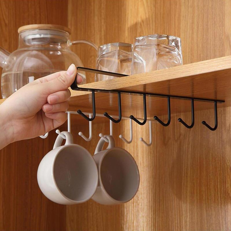 (Without Screws) Cup Hook Shelf, 1 Count Multifunctional under Cabinet 6 Hooks Cup Storage Rack, Home Organizer for Kitchen Bathroom Bedroom