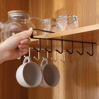 (Without Screws) Cup Hook Shelf, 1 Count Multifunctional under Cabinet 6 Hooks Cup Storage Rack, Home Organizer for Kitchen Bathroom Bedroom
