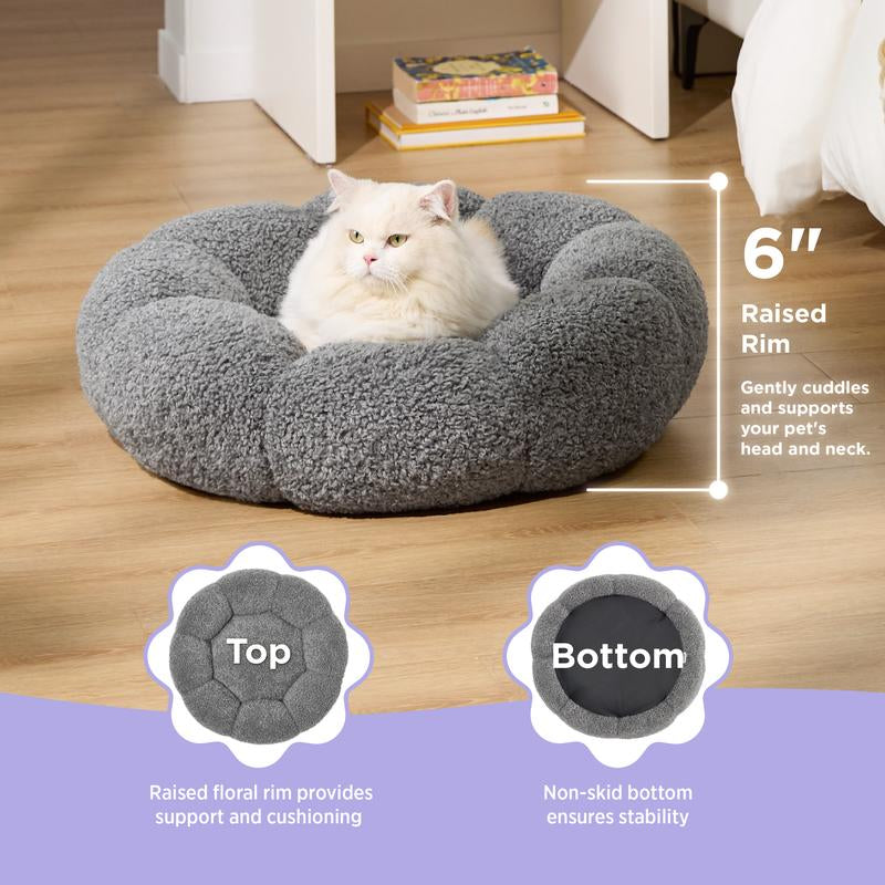 Lesure Calming Flower Bed - Flower Donut round Fluffy Puppy Bed in Plush Teddy Sherpa, Non-Slip Cute Flower Beds for Indoor, Machine Washable