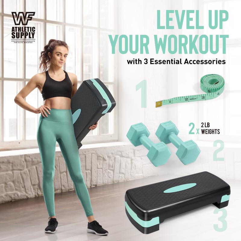 Tone Fitness Adjustable Height Aerobic Stepper Set with 2 Dumbbells & Measuring Tape, Workout Exercise Step Platform W/Level Risers, 3 Colors, the Ultimate Gift for a Joyful Holiday and Merry Christmas