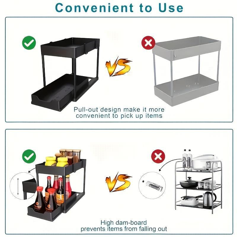 2-Tier Sliding Cabinet Basket Storage Box with Hook, 1 Count Plastic Storage under Bathroom/Kitchen Sink, Space Saving Storage Box, Modern Storage Rack, Men Gifts
