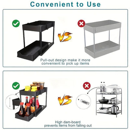 2-Tier Sliding Cabinet Basket Storage Box with Hook, 1 Count Plastic Storage under Bathroom/Kitchen Sink, Space Saving Storage Box, Modern Storage Rack, Men Gifts